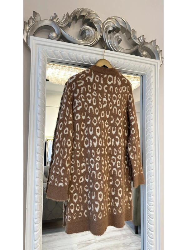 İNVEE Leopar Desenli Angora Hırka - Camel-Ekru