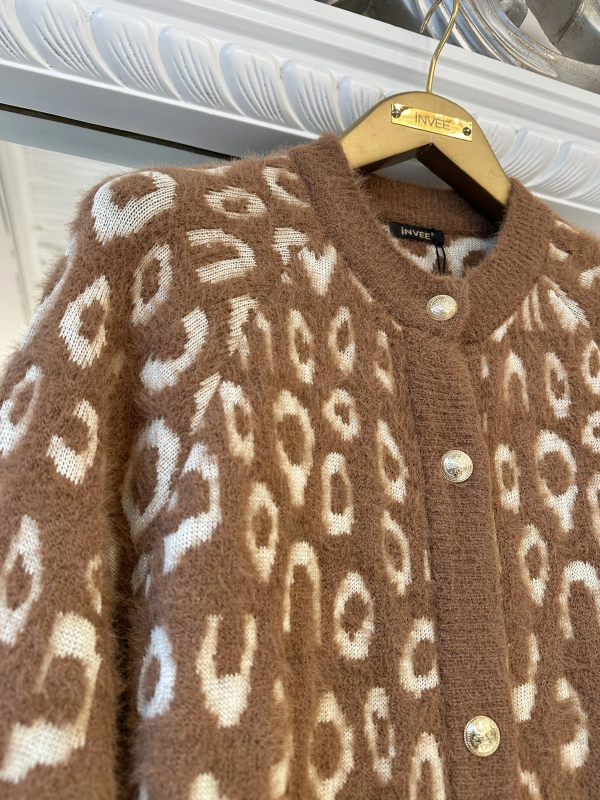 İNVEE Leopar Desenli Angora Hırka - Camel-Ekru