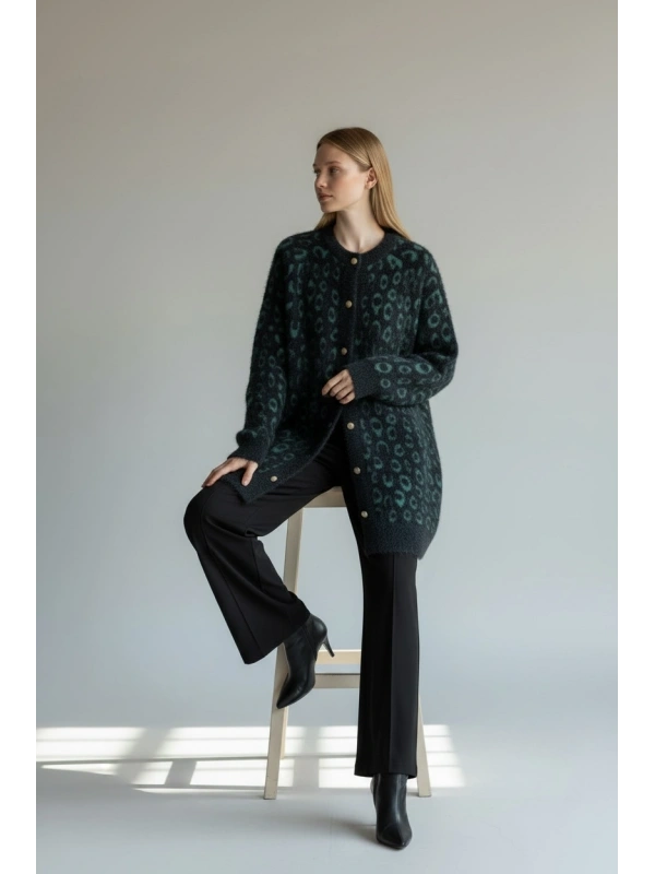 İNVEE Leopar Desenli Angora Hırka - Yeşil - Siyah