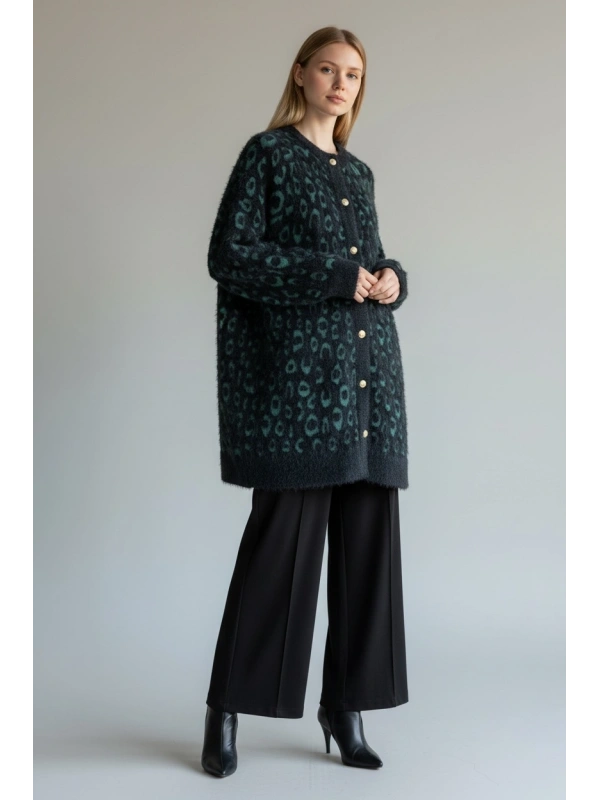 İNVEE Leopar Desenli Angora Hırka - Yeşil - Siyah