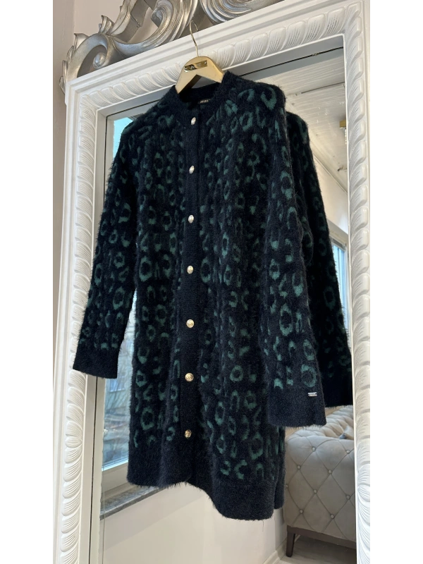 İNVEE Leopar Desenli Angora Hırka - Yeşil - Siyah