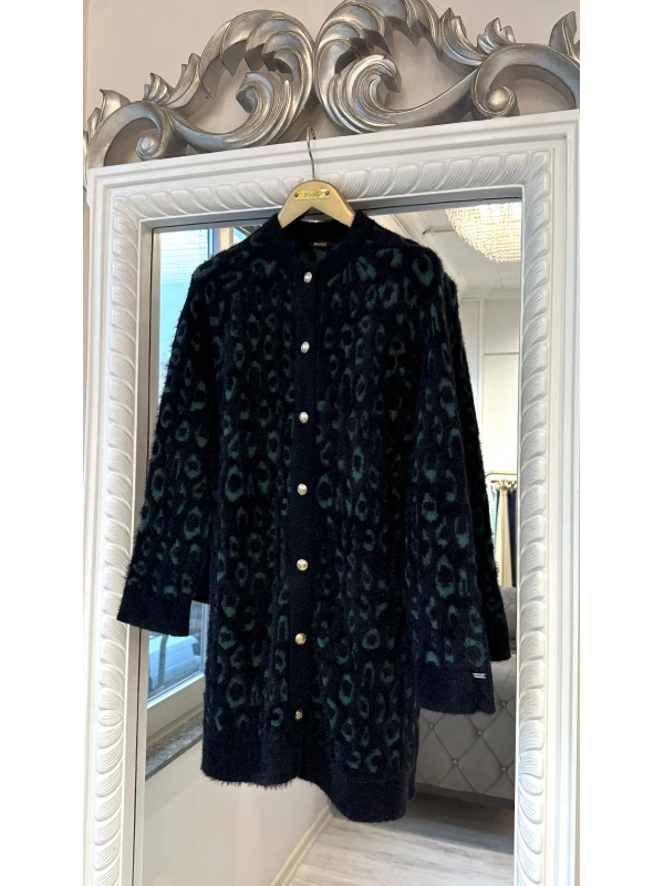 İNVEE Leopar Desenli Angora Hırka - Yeşil - Siyah