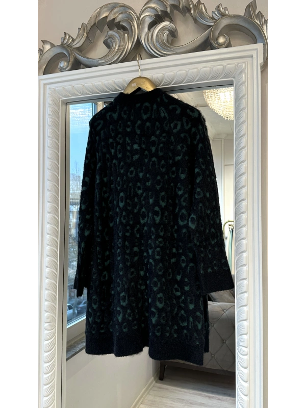 İNVEE Leopar Desenli Angora Hırka - Yeşil - Siyah