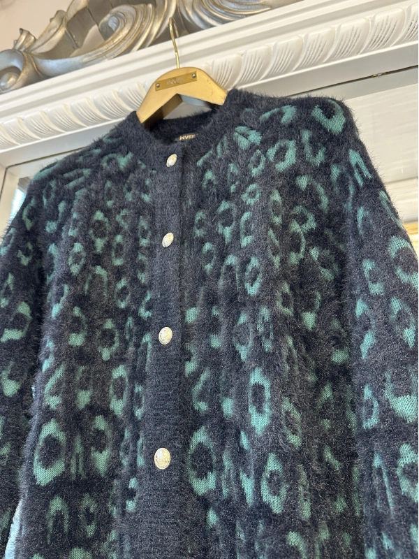 İNVEE Leopar Desenli Angora Hırka - Yeşil - Siyah