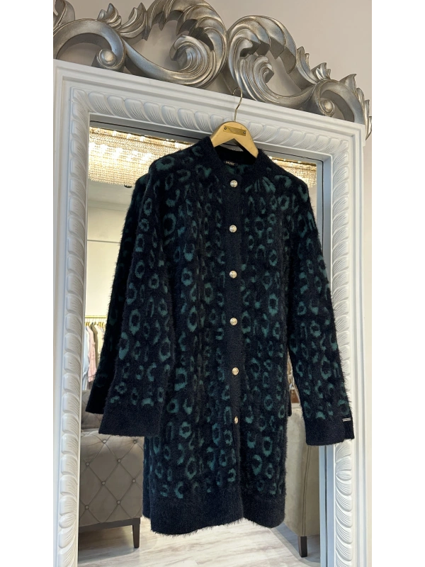 İNVEE Leopar Desenli Angora Hırka - Yeşil - Siyah