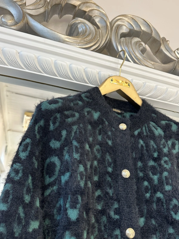 İNVEE Leopar Desenli Angora Hırka - Yeşil - Siyah