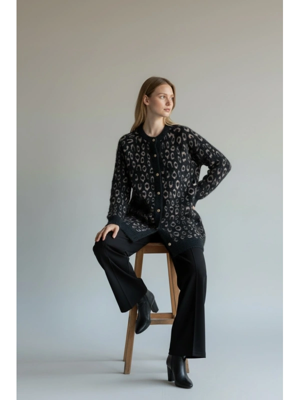 İNVEE Leopar Desenli Angora Hırka - Vizon - Siyah