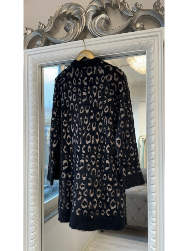 İNVEE Leopar Desenli Angora Hırka - Vizon - Siyah