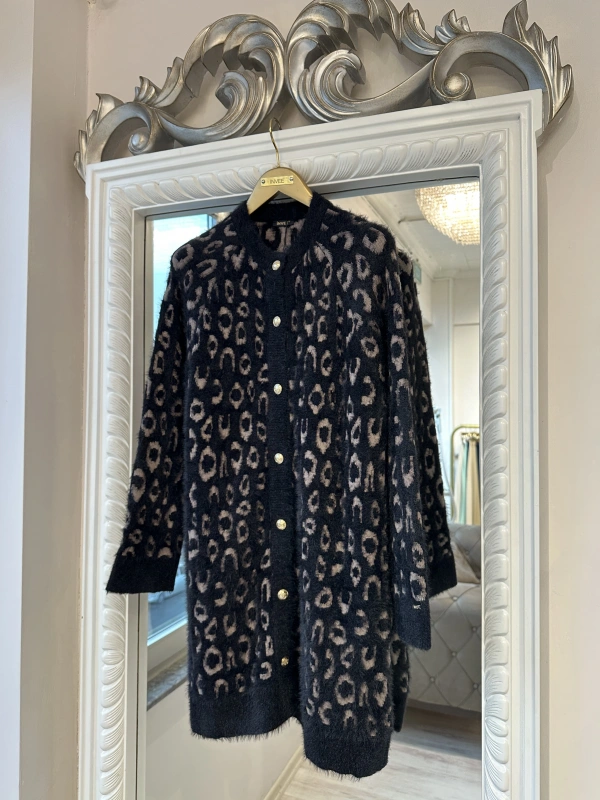 İNVEE Leopar Desenli Angora Hırka - Vizon - Siyah