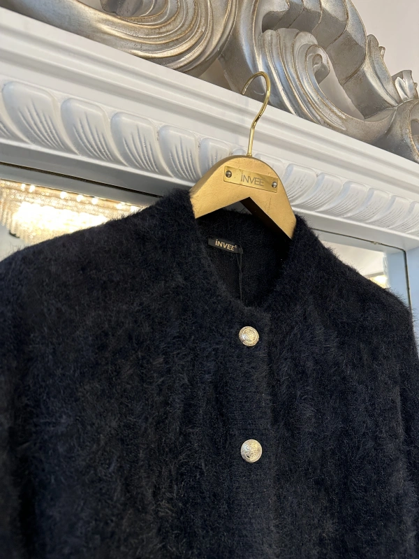 İNVEE Leopar Desenli Angora Hırka - Siyah - Siyah