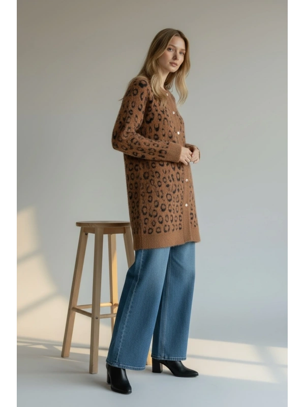 İNVEE Leopar Desenli Angora Hırka - Camel - Lacivert