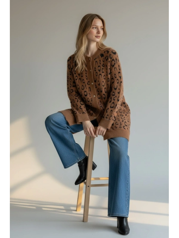 İNVEE Leopar Desenli Angora Hırka - Camel - Lacivert