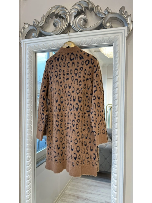 İNVEE Leopar Desenli Angora Hırka - Camel - Lacivert