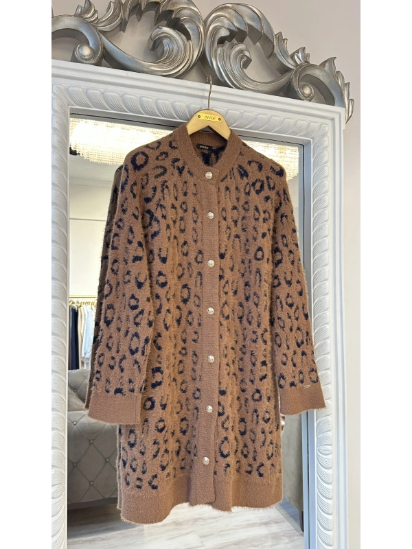 İNVEE Leopar Desenli Angora Hırka - Camel - Lacivert