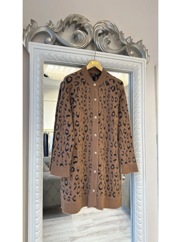 İNVEE Leopar Desenli Angora Hırka - Camel - Lacivert