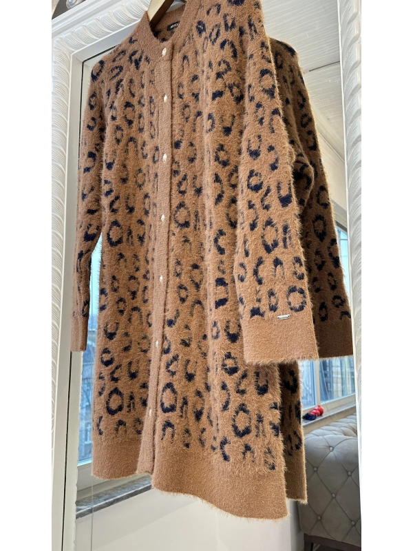 İNVEE Leopar Desenli Angora Hırka - Camel - Lacivert