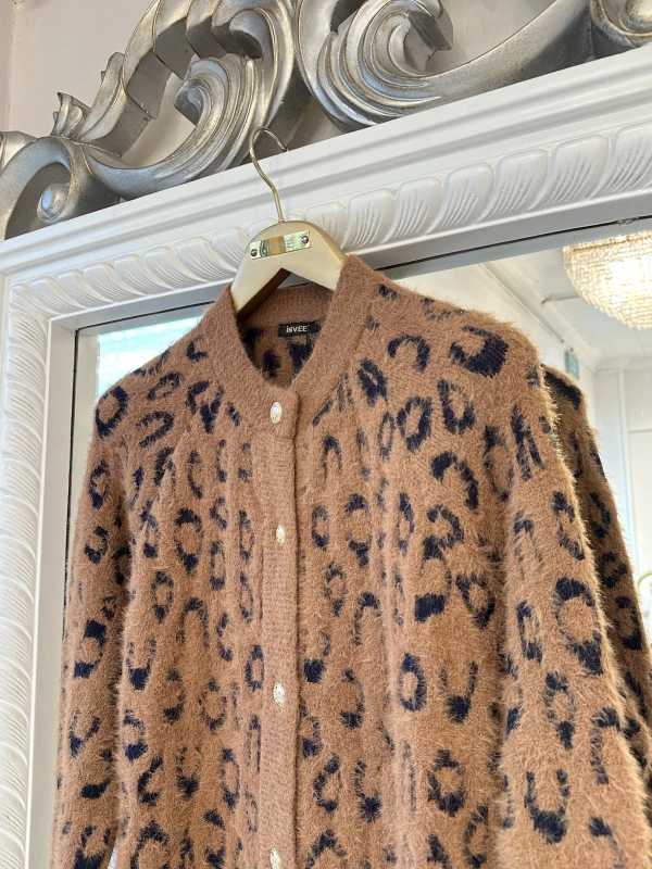 İNVEE Leopar Desenli Angora Hırka - Camel - Lacivert