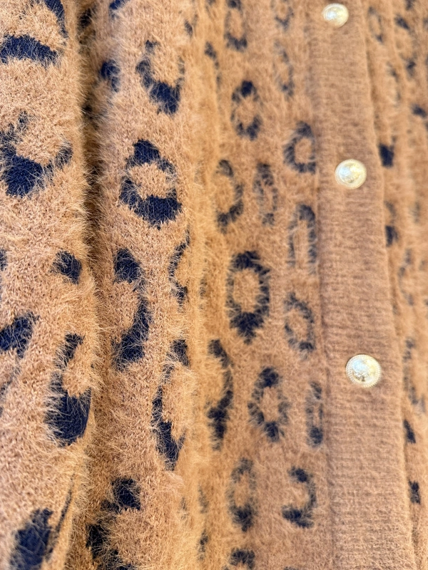 İNVEE Leopar Desenli Angora Hırka - Camel - Lacivert