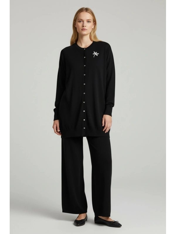 İNVEE Broş Detaylı Triko Hırka - Siyah