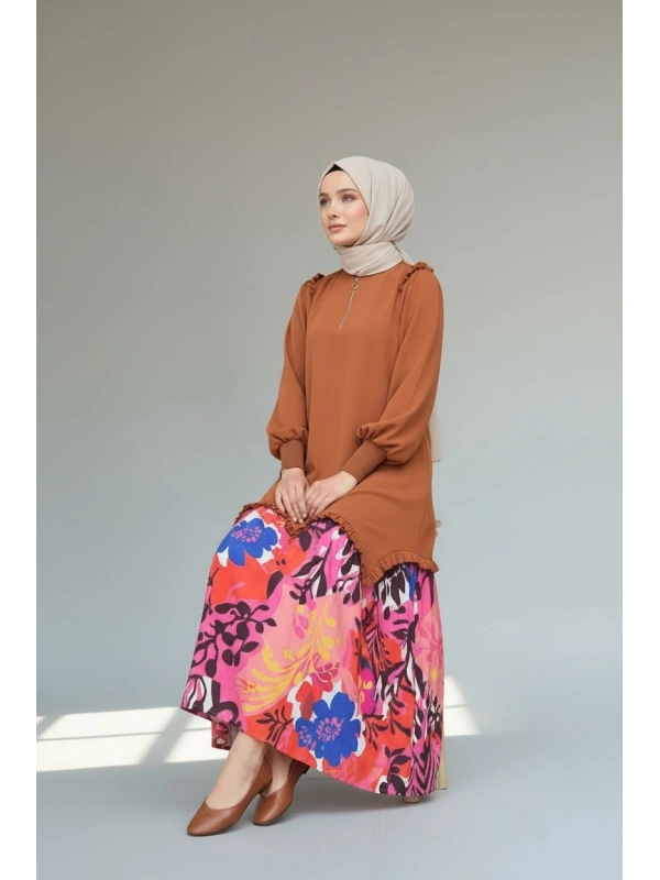 İNVEE Eteği Desenli Kahverengi Elbise