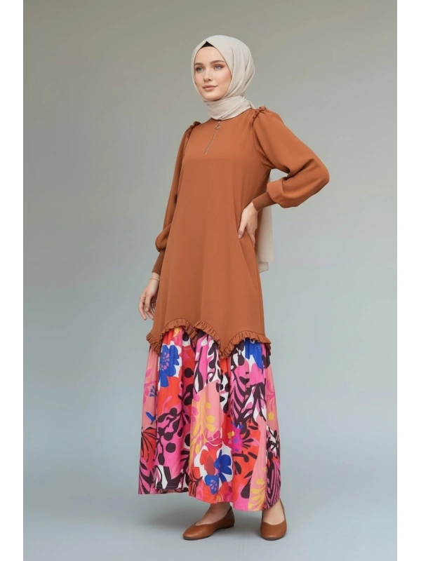 İNVEE Eteği Desenli Kahverengi Elbise