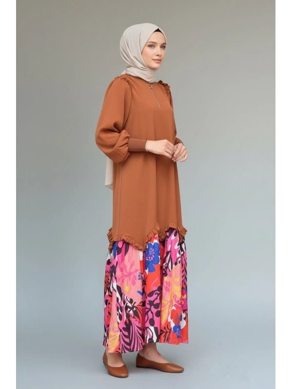 İNVEE Eteği Desenli Kahverengi Elbise