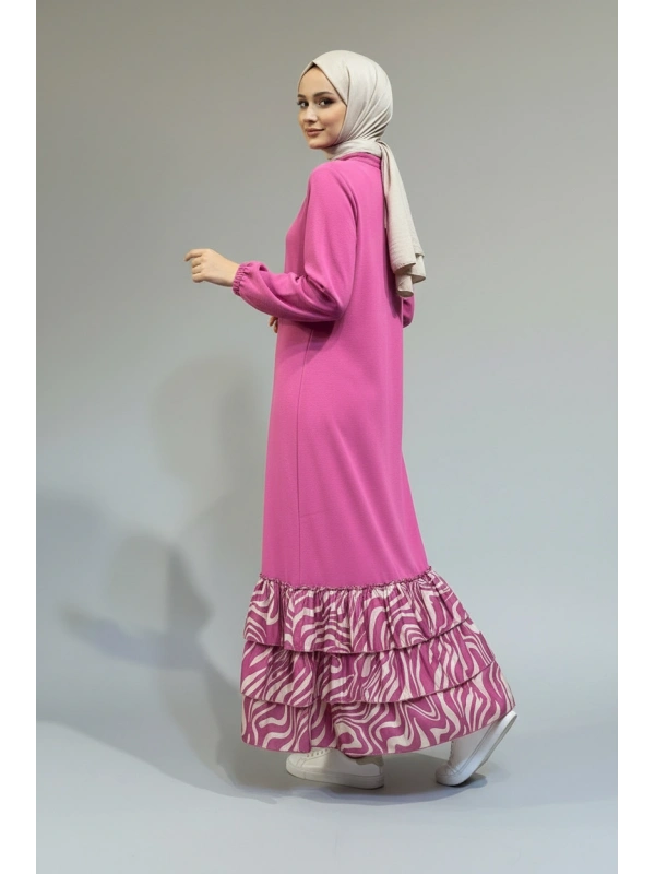 İNVEE Volan Detaylı Uzun Elbise - Pembe