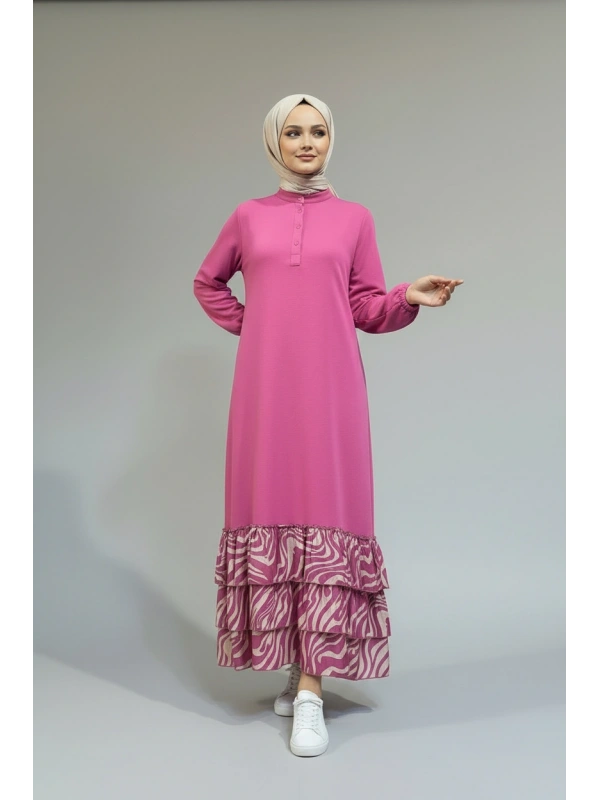 İNVEE Volan Detaylı Uzun Elbise - Pembe