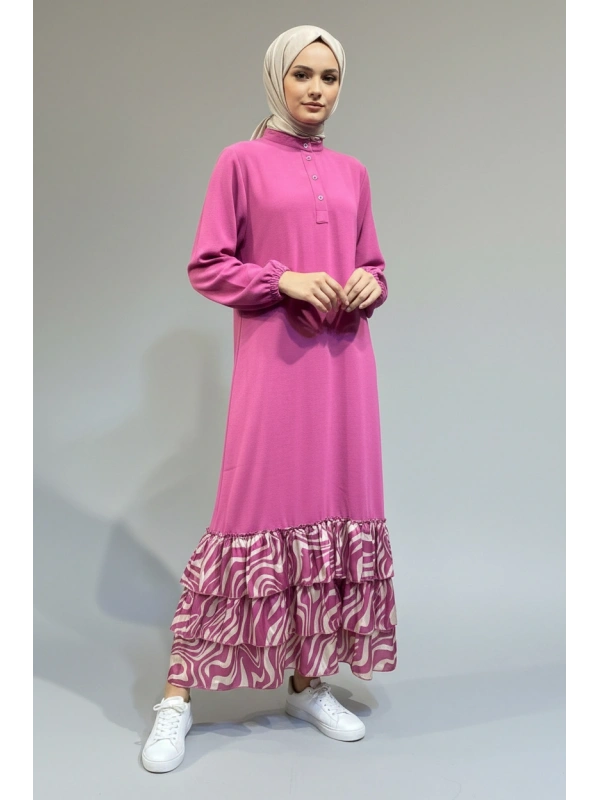 İNVEE Volan Detaylı Uzun Elbise - Pembe