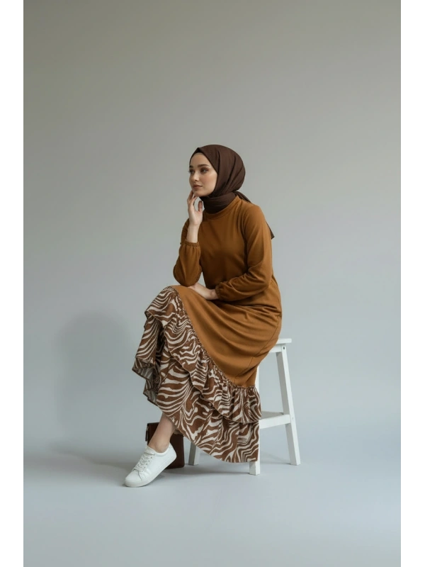 İNVEE Volan Detaylı Uzun Elbise - Kahverengi