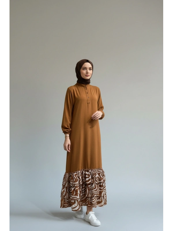 İNVEE Volan Detaylı Uzun Elbise - Kahverengi