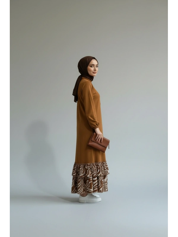 İNVEE Volan Detaylı Uzun Elbise - Kahverengi