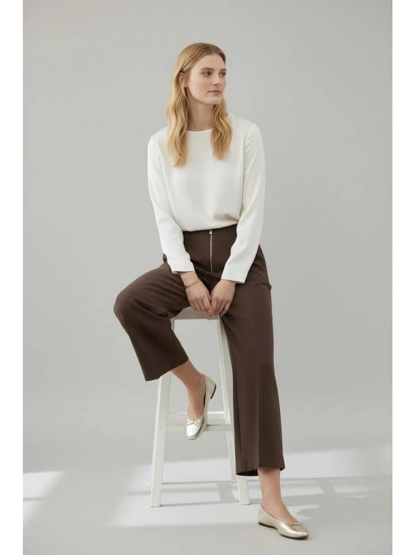 Sentez Yırtmaç Detaylı Geniş Paça Pantolon - Kahverengi