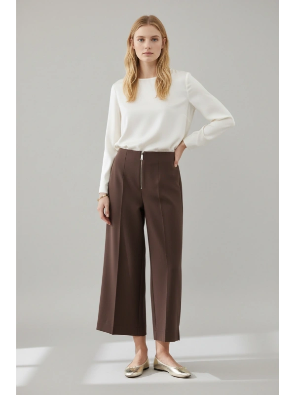 Sentez Yırtmaç Detaylı Geniş Paça Pantolon - Kahverengi