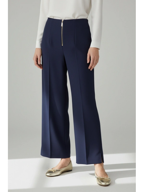 Sentez Yırtmaç Detaylı Geniş Paça Pantolon - Lacivert