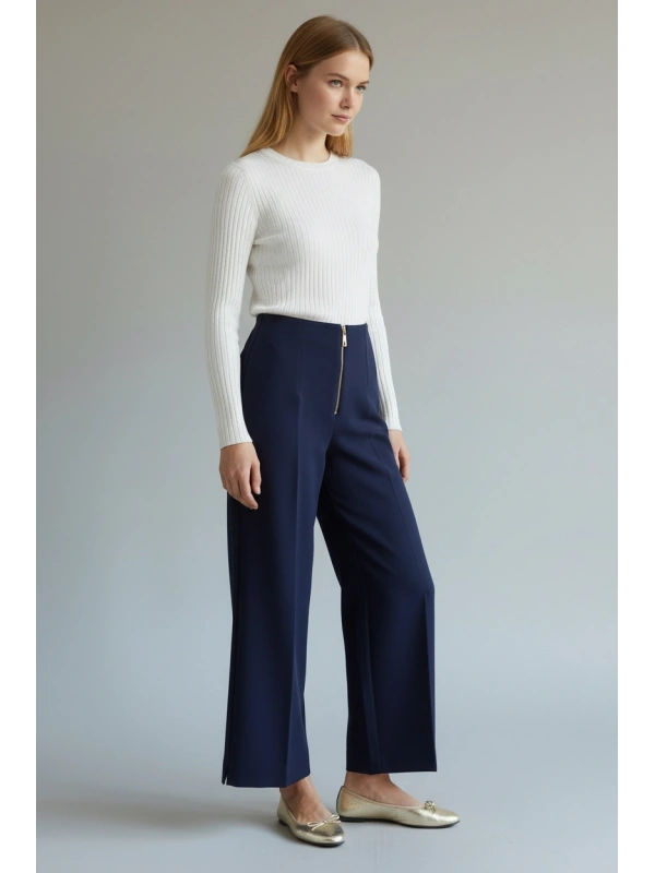 Sentez Yırtmaç Detaylı Geniş Paça Pantolon - Lacivert