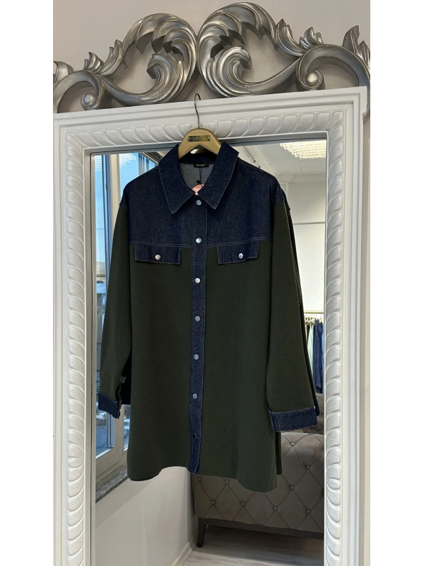 İNVEE Kadın Denim Detaylı Gömlek Ceket - Haki