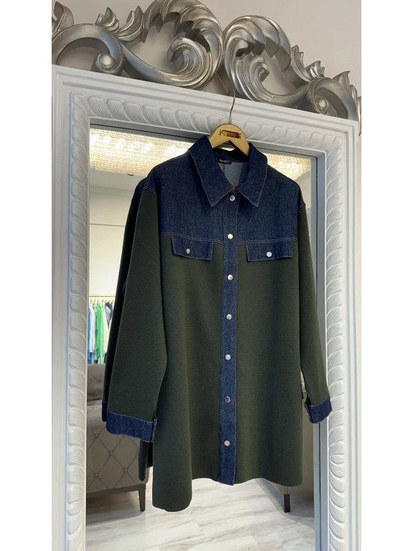 İNVEE Kadın Denim Detaylı Gömlek Ceket - Haki