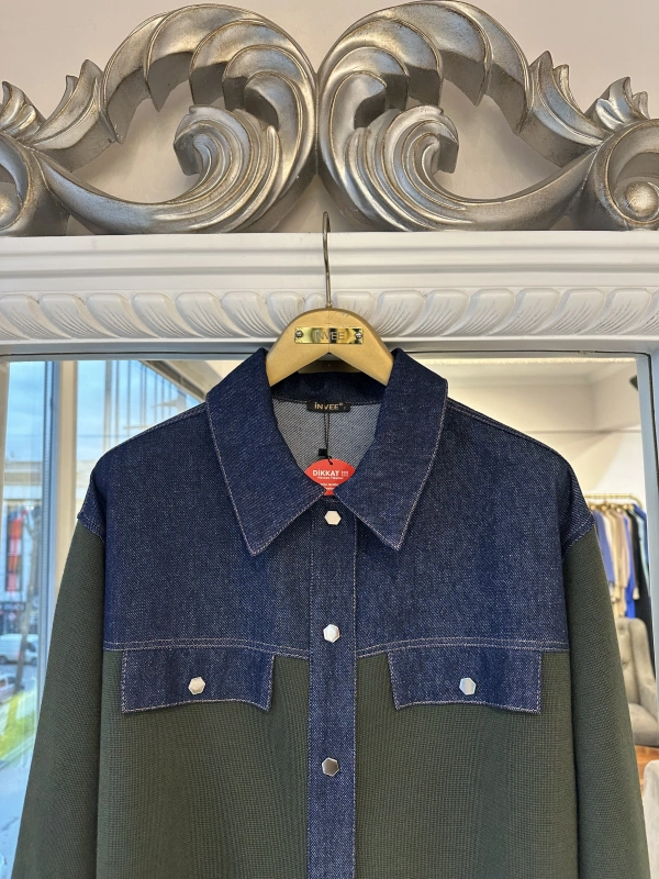 İNVEE Kadın Denim Detaylı Gömlek Ceket - Haki