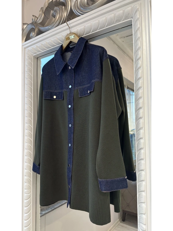 İNVEE Kadın Denim Detaylı Gömlek Ceket - Haki