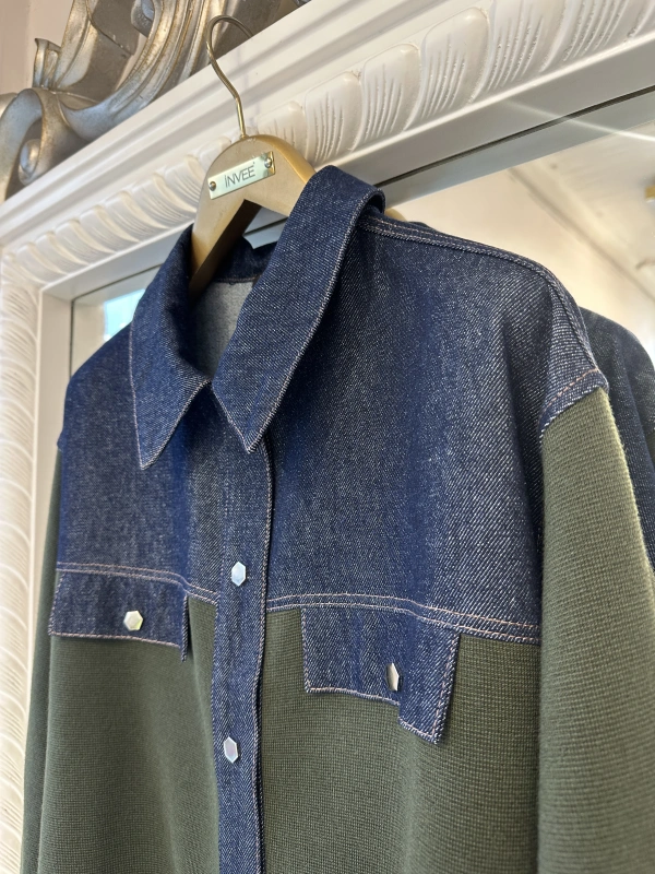 İNVEE Kadın Denim Detaylı Gömlek Ceket - Haki