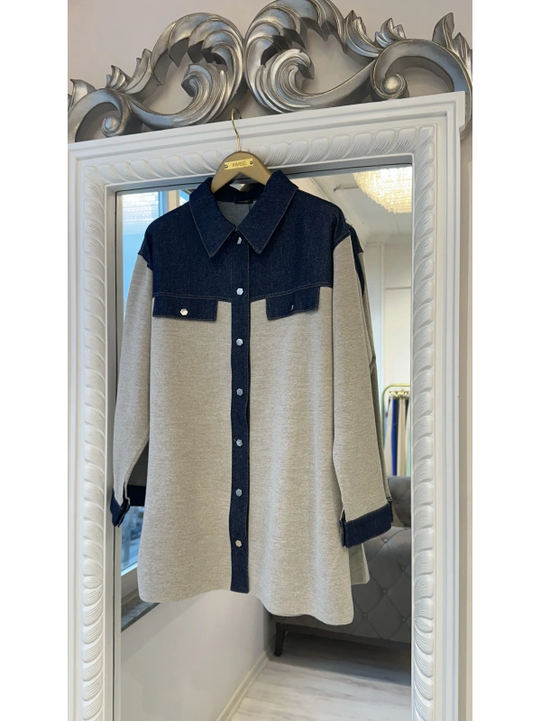 İNVEE Kadın Denim Detaylı Gömlek Ceket - Bej
