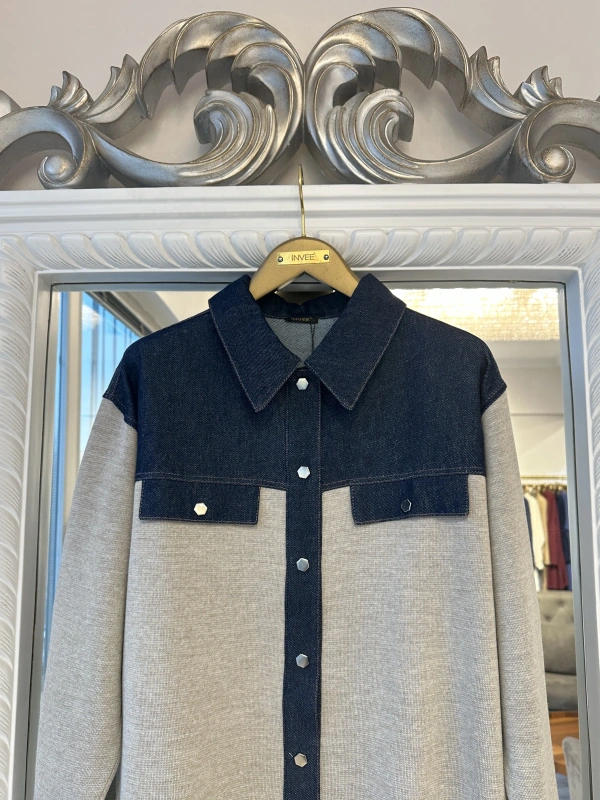 İNVEE Kadın Denim Detaylı Gömlek Ceket - Bej
