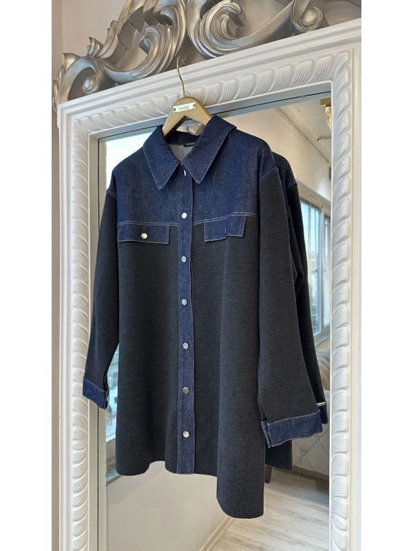 İNVEE Kadın Denim Detaylı Gömlek Ceket - Antrasit