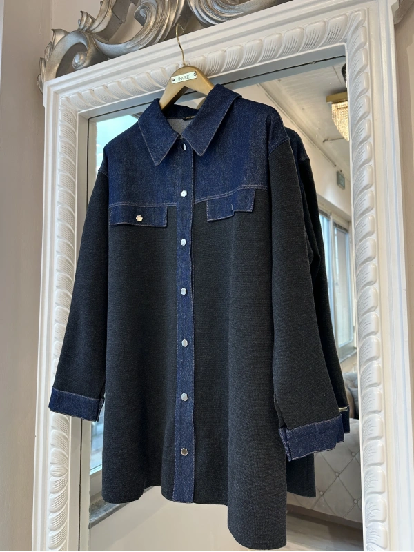 İNVEE Kadın Denim Detaylı Gömlek Ceket - Antrasit