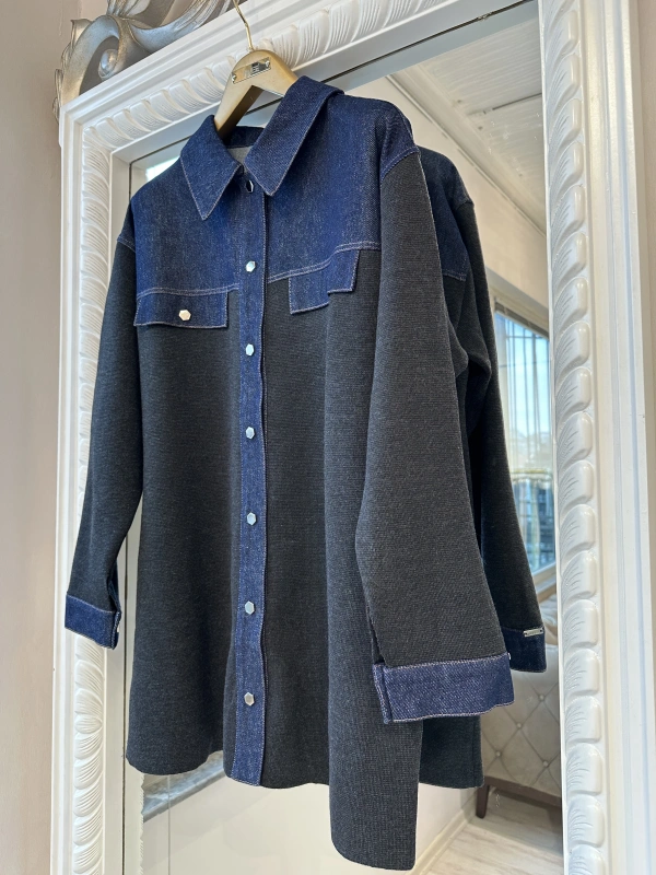 İNVEE Kadın Denim Detaylı Gömlek Ceket - Antrasit