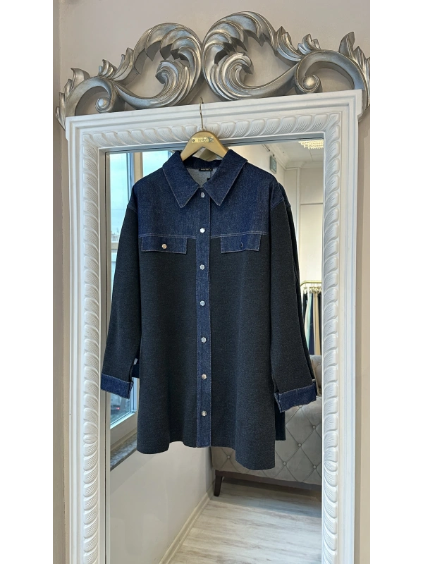 İNVEE Kadın Denim Detaylı Gömlek Ceket - Antrasit