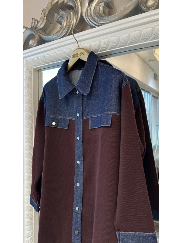 İNVEE Kadın Denim Detaylı Gömlek Ceket - Mürdüm