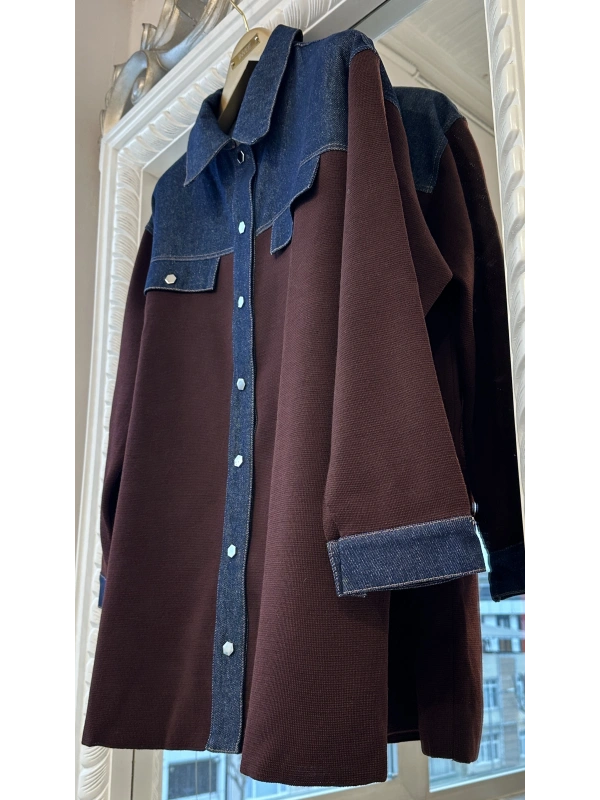 İNVEE Kadın Denim Detaylı Gömlek Ceket - Mürdüm