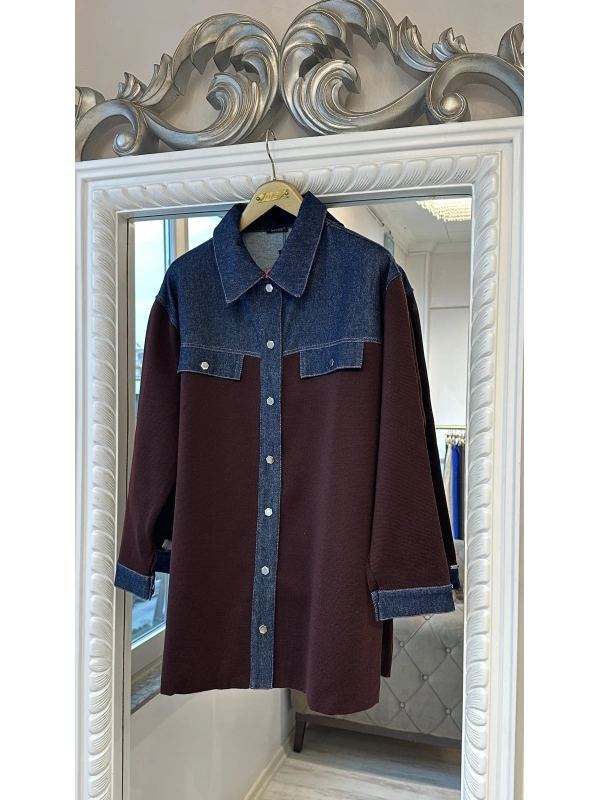 İNVEE Kadın Denim Detaylı Gömlek Ceket - Mürdüm